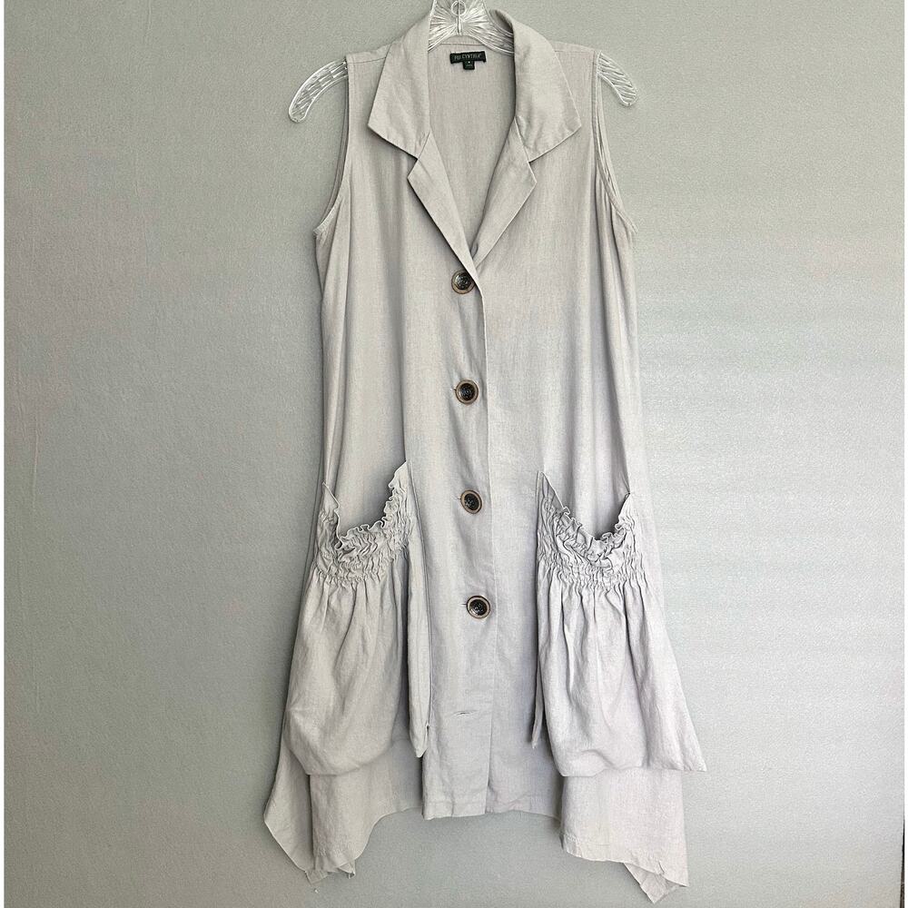 For Cynthia Sleeveless Linen Sharkbite Shirt Dress Patch Pocket Lagenlook Sz S